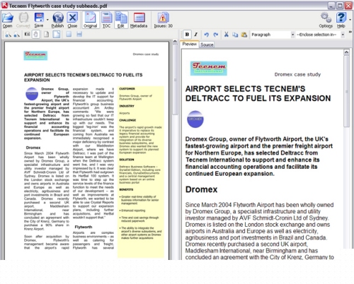 The RiverDocs Converter main screen after conversion of a document, with the Original left and Editing panes open
