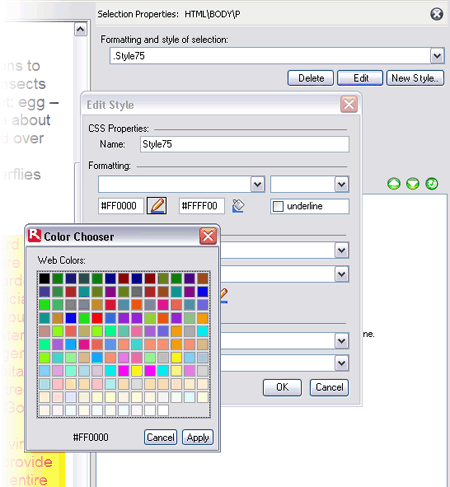Colour editing using the Edit style dialogue box and the Color Chooser panel.