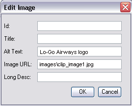 Edit image dialogue box, allowing insertion and editing of image properties: ID, title, alt text or empty alt text, image URL and long description.