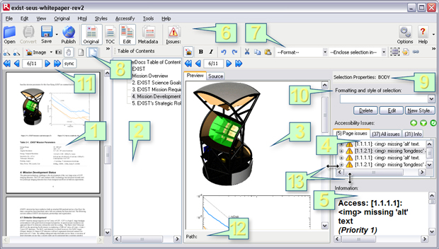 Main screen after conversion - all panes open, with components described in the key text numbered 1 to 13 as .