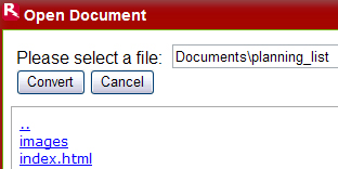 Contents of the planning folder displayed in the Open Document dialogue box, with dotted line for navigating to a higher level in the folder structure.