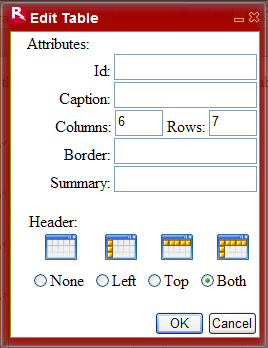 RiverDocs Edit table dialogue box with heading options active.