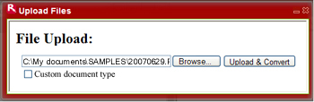 Upload Files dialogue box with URL displayed and Custom document type checkbox selected