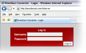 RiverDocs Server login page displayed in browser, with username and password textboxes