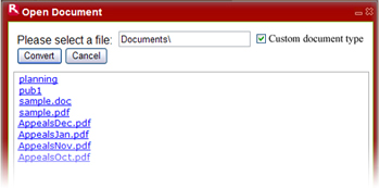 RiverDocs Server Open Document dialogue box.